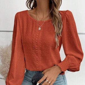 Womens Rust color Blouse Lace detail long sleeves size small